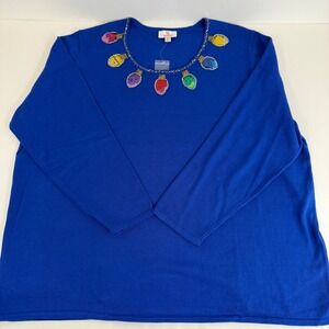 NWOT Quacker Factory 3X Blue Christmas Lights Sweater Sequin Beaded Holiday